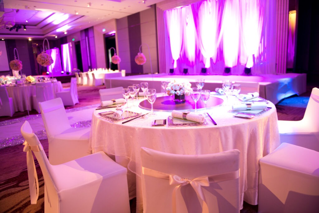 Interior of  a indoor wedding reception hall.